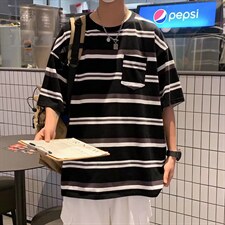 男圆领T恤宽松短袖口袋条纹五分袖T004P23，男装T恤，星座1116-2