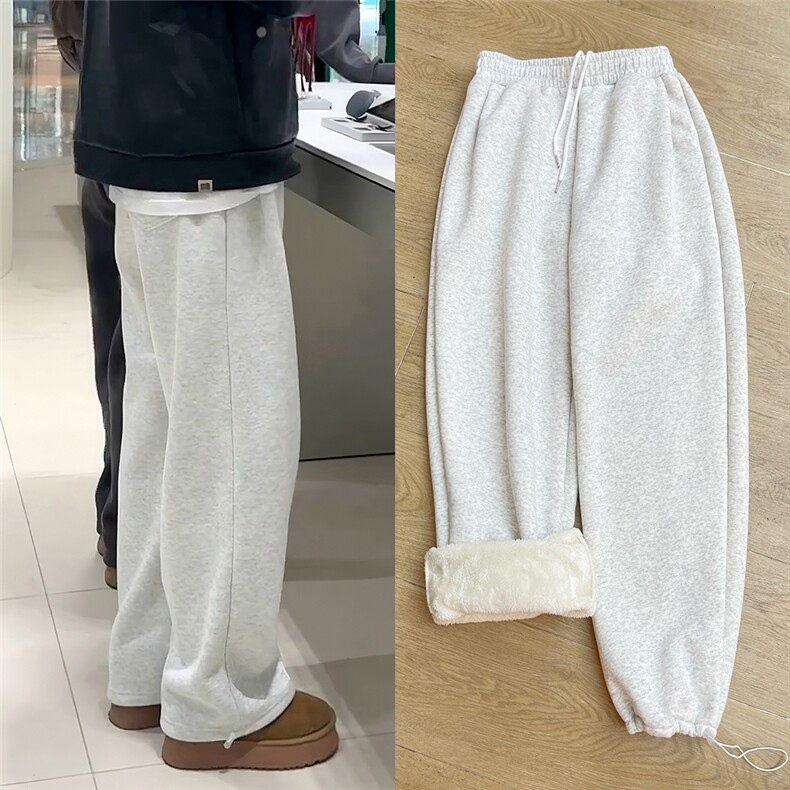 花灰色加绒微喇卫裤男秋冬加厚美式重磅弯刀直筒阔腿休闲运动裤子，男装休闲裤，电商C310-1