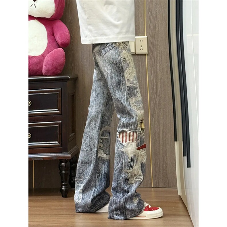 ！美式高街数码3D打印破洞贴布直筒微喇牛仔裤,男装牛仔裤,星座617C