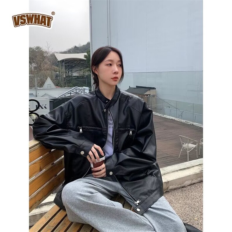 美式复古纯色拉链立领PU皮衣女春新款季宽松皮夹克潮牌机车外套,男装夹克,星座1210-1
