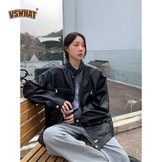 美式复古纯色拉链立领PU皮衣女春新款季宽松皮夹克潮牌机车外套，男装夹克，星座1210-1