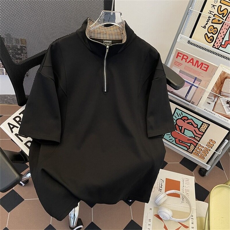 黑色半拉链格子拼接polo领t恤男款重磅解构正肩短袖cleanfit半袖图片