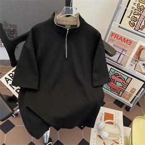 黑色半拉链格子拼接polo领t恤男款重磅解构正肩短袖cleanfit半袖图片