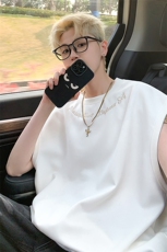 港风大码网红麂皮绒字母刺绣圆领无袖T恤XZ213-T070-P35控48，男装T恤，星座213