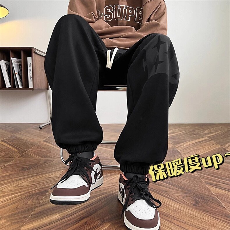 2025加绒加厚大码裤子男印花色裤子麂皮绒交互休闲裤运动束脚裤，男装休闲裤，星座909-2（原星座717-2）