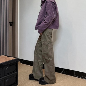 欧美复古中腰阔腿工装裤子男春秋冬新款辣妹设计感宽松直筒牛仔裤图片
