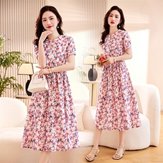 高级感纯棉印花连衣裙女2026新款夏季短袖收腰显瘦气质碎花长裙子，女装连衣裙，倪叶myz