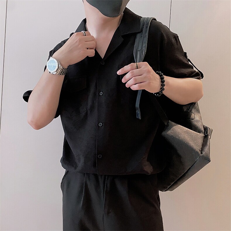 8949/P58控88夏季小伙高级感暗黑风工装开衫男士短袖T恤上衣黑首1,男装T恤,星座305B