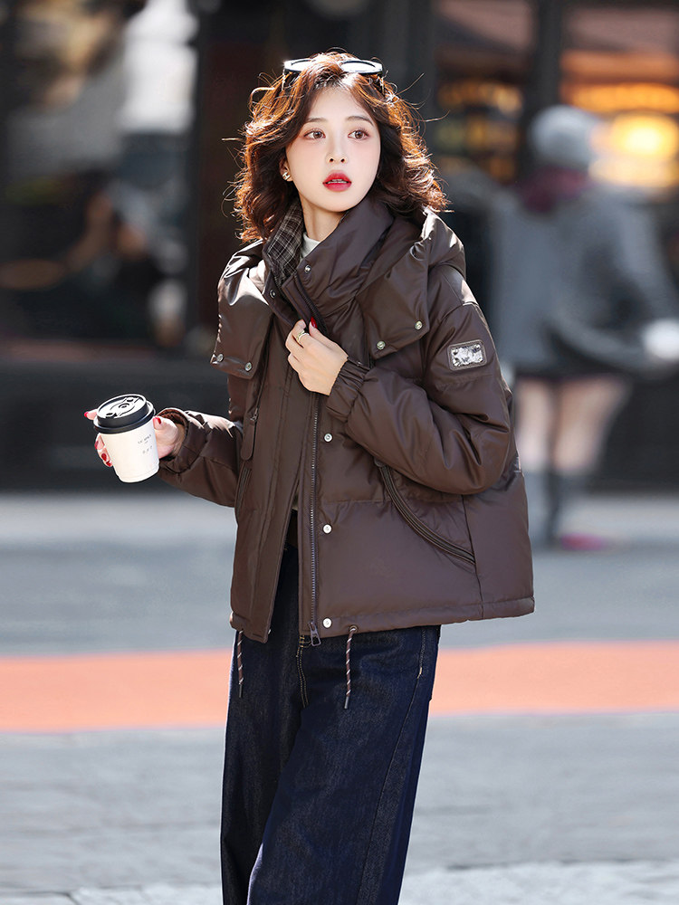 时尚格纹拼接连帽短款羽绒服女2025冬季加厚保暖小个子白鸭绒外套,女装羽绒服,歌伊格美