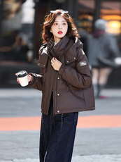 时尚格纹拼接连帽短款羽绒服女2025冬季加厚保暖小个子白鸭绒外套，女装羽绒服，歌伊格美
