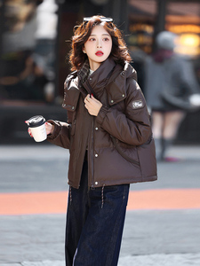 时尚格纹拼接连帽短款羽绒服女2025冬季加厚保暖小个子白鸭绒外套图片