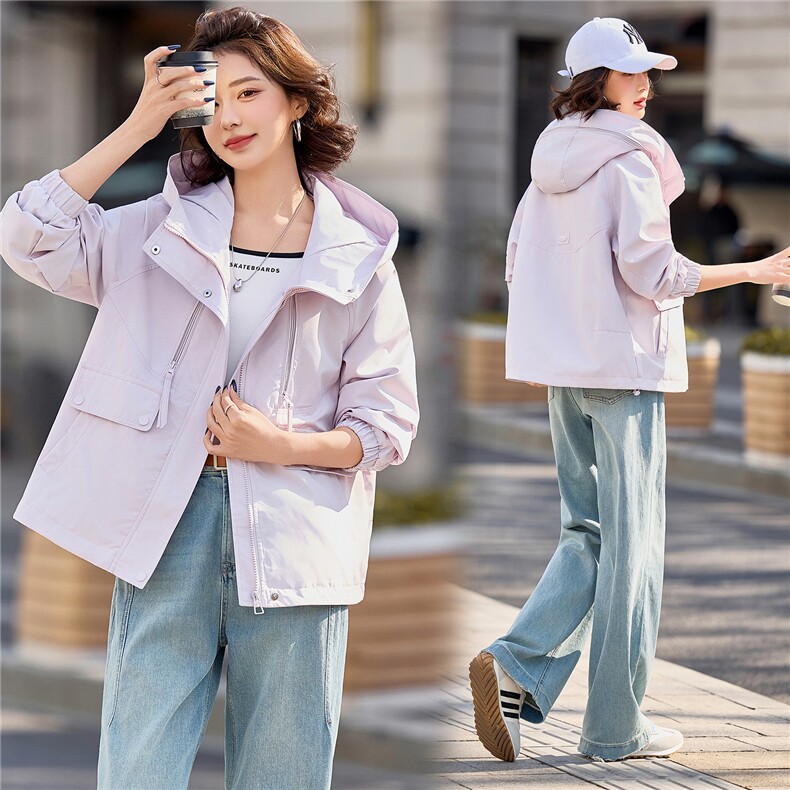 小个子短外套女2026年春季女士户外冲锋衣拉链短款连帽,女装短外套,悦祺