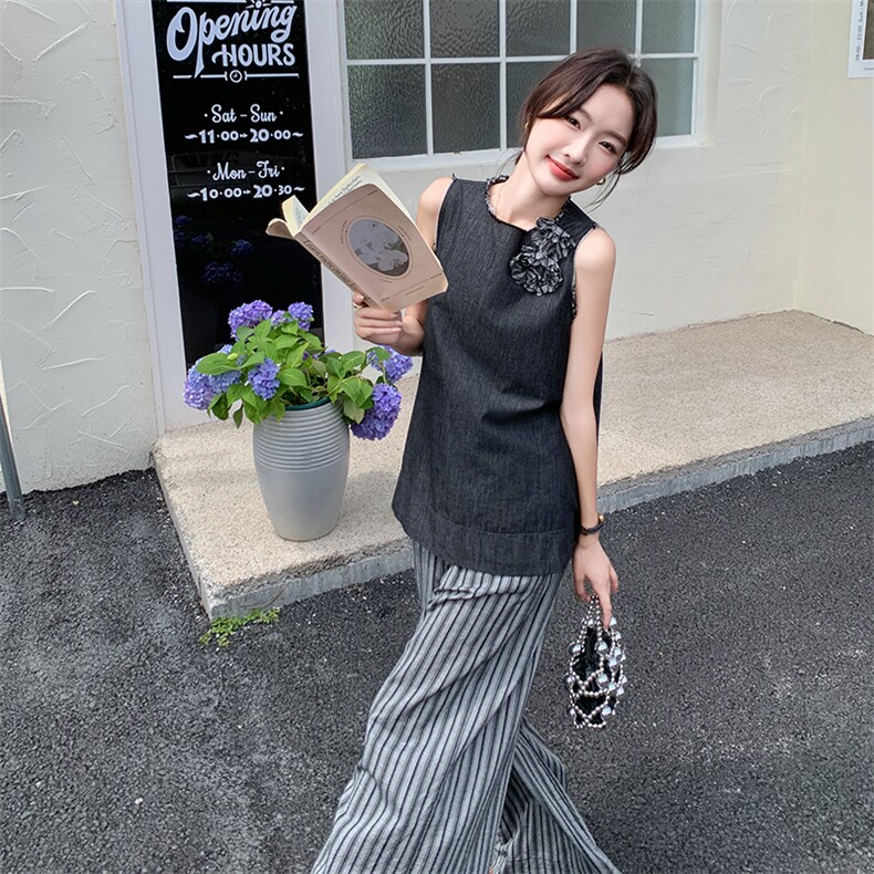 新品现货】手工盘花无袖棉麻条纹阔腿裤套装F559-P135-K198,女装套装/套裙,2C255