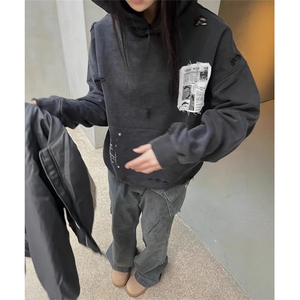 复古重磅水洗做旧贴布连帽卫衣男女秋冬宽松高街外套 WT19图片
