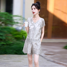 时尚蕾丝花边镂空套装女2024年夏季新款舒适休闲流行洋气两件套，女装套装/套裙，纯色衣恋