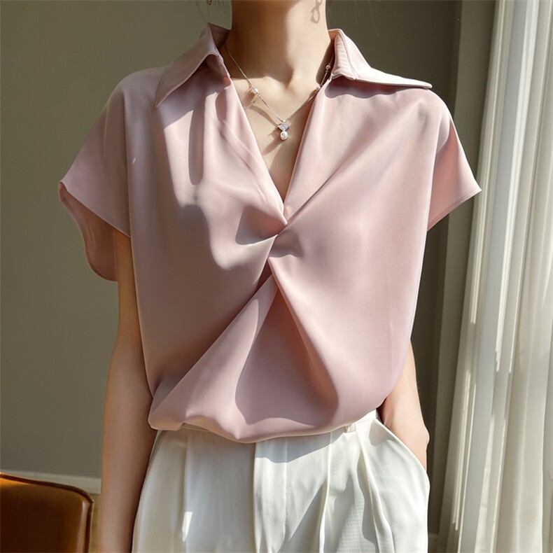 法式小众洋气短袖衬衫女夏季扭结设计感职业通勤缎面冰丝飞袖上衣，女装衬衫，素语电商供货
