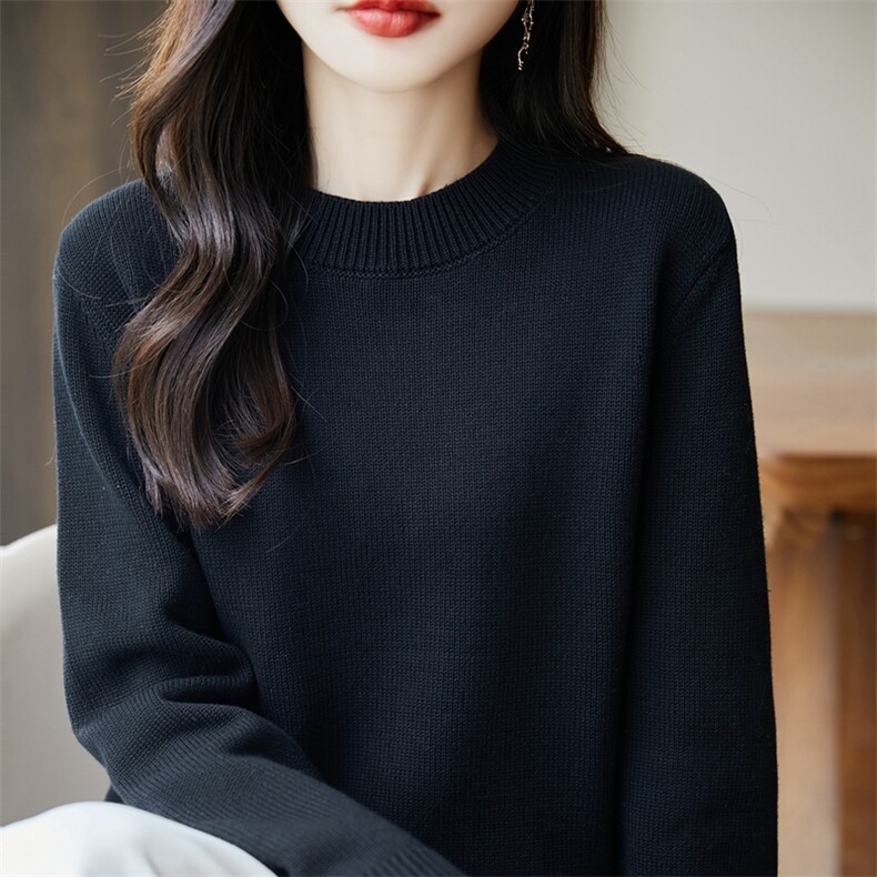 2025秋新款法式撞色100%纯棉针织衫宽松休闲打底衫女毛衣保暖加厚,针织衫/毛衣,长今羊