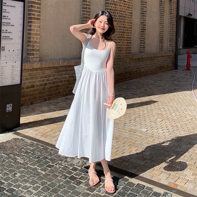 法式宽松腰夏季连衣裙复古后妈裙长裙小个子礼服裙子显瘦气质白色,女装连衣裙,浙宝193A