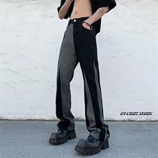 B221美式ins高街小众情侣个性款拼接微喇牛仔裤LK23095-P65控88，男装牛仔裤，电商B221