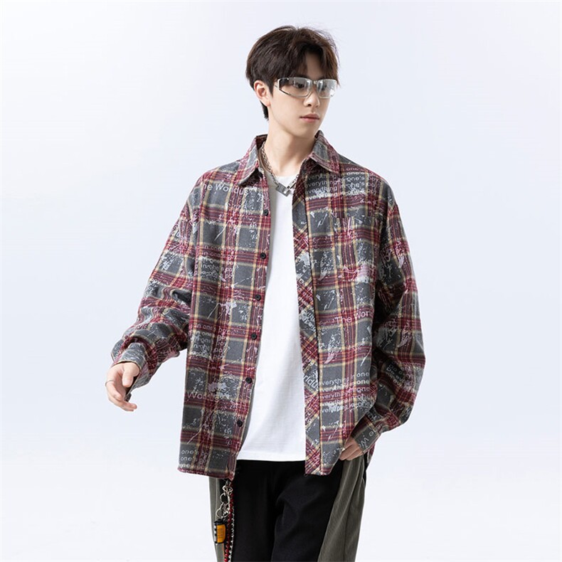 美式复古晕染格子衬衫男长袖高级感慵懒宽松外套C2260-特价P35，男装衬衫，电商A007