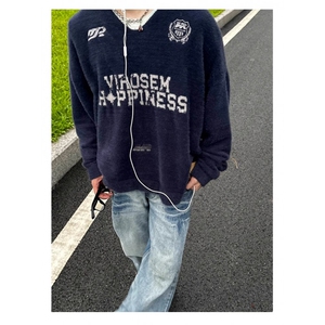街客美式复古V领球服运动毛衣男慵懒高级感学院风针织衫外套春秋图片