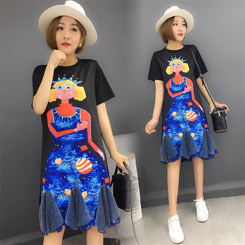 T恤圆领纱网拼接印花2021年夏季短袖中长款时尚韩版潮流图案，女装T恤，诗贝淇