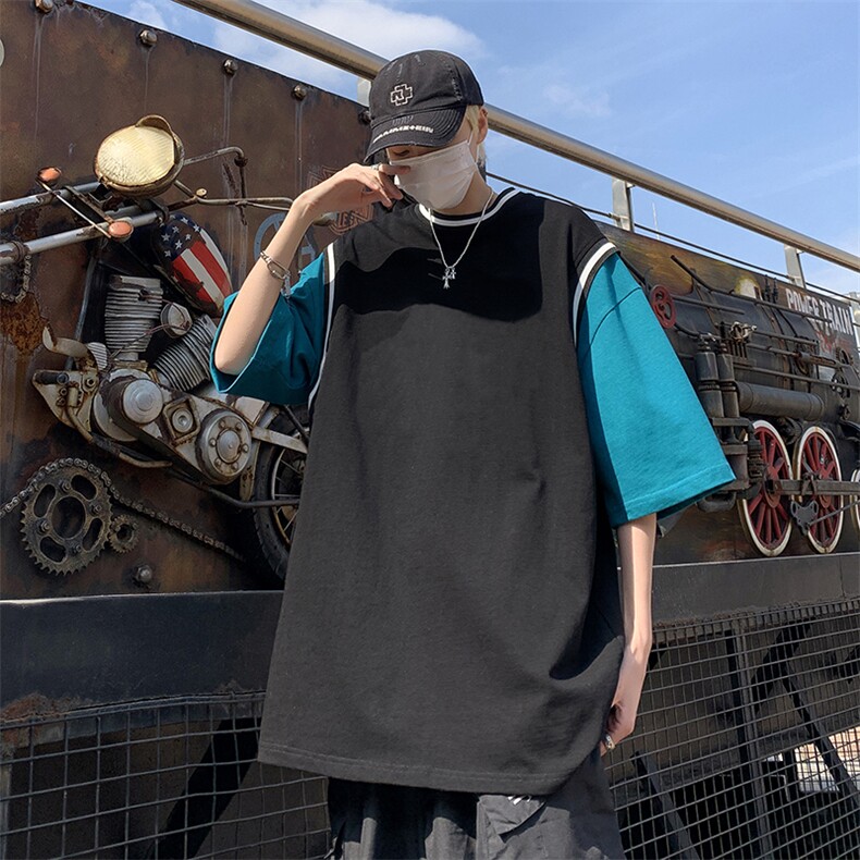 现货港风美式潮牌男大码拼接撞色潮短袖T恤男XT77092-P42图片