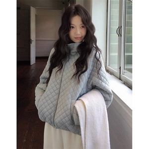 菱格纹白色连帽羽绒棉服女冬季短款休闲加厚棉衣外套 M211图片