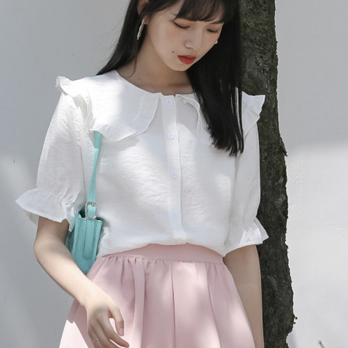 法式娃娃领短袖衬衫女2021夏季新款甜美设计感小众超仙小清新上衣,女装衬衫,潮品会