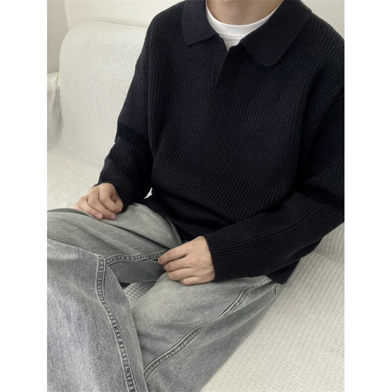 V领毛衣男女宽松慵懒套头翻领polo毛衣高级简约针织衫秋LF02P65，男装针织衫/毛衣，电商D256A(原A064A)