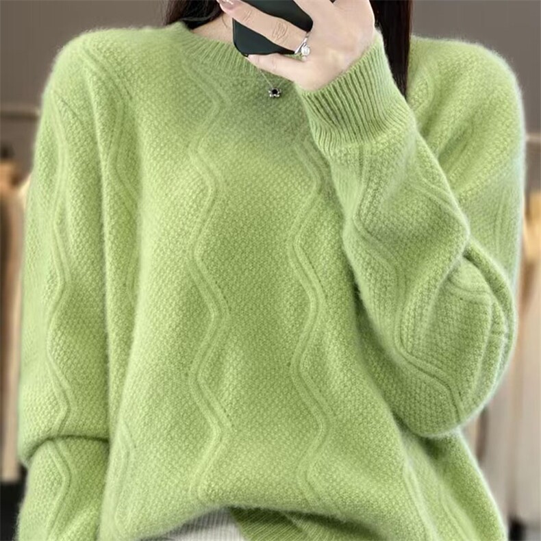 加厚半高领100%纯羊毛衫女扭花长袖针织毛衣宽松慵懒羊绒衫打底衫,针织衫/毛衣,萱芳婷羊绒