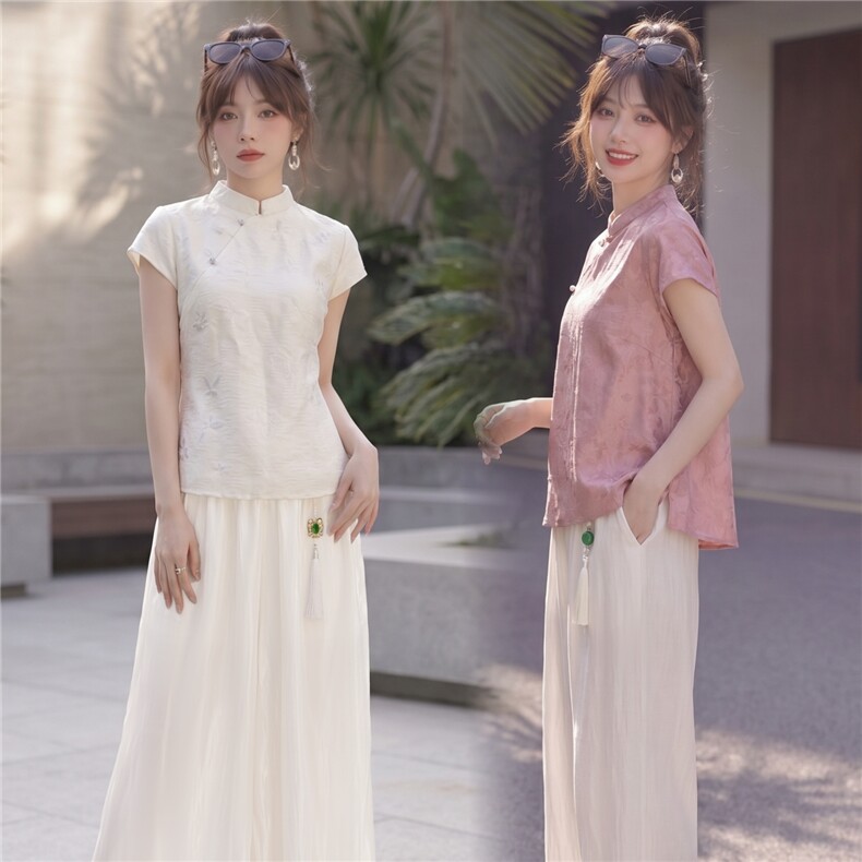 2026年夏季休闲风女优雅淑女通勤日常G风印花压皱新中式两件套,女装套装/套裙,曼琳思菲