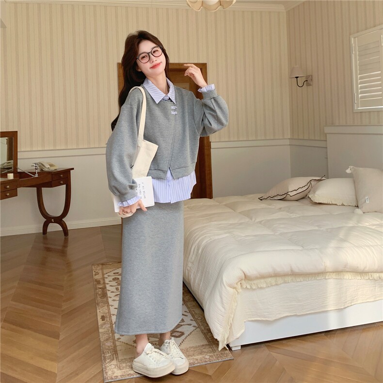 【新款】灰色假两件上衣+半身裙风套装W675P190K308,女装套装/套裙,2C209
