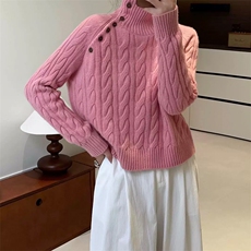 秋冬新款纯色针织斜扣高领针织套头上衣，女装针织衫/毛衣，泰沅羊绒