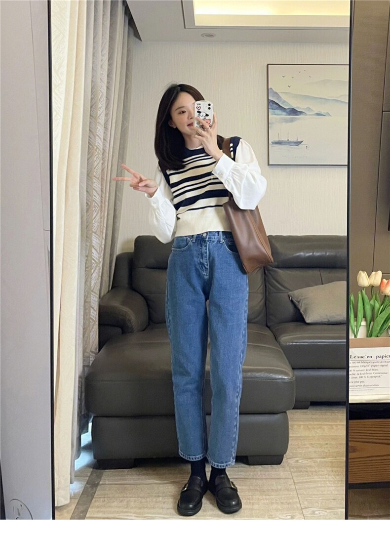 时尚百搭女士秋冬简约保暖条纹圆领马甲,女装马甲,洁纯羊绒