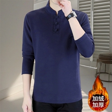 秋冬纯棉盘扣刺绣长袖T恤唐装大码男士小衫XF6588-P70加绒P75，男装T恤，星座1105-3
