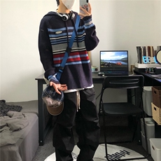 【有货】DU10-P58松弛感设计条纹撞色连帽针织衫秋冬男女百搭毛衣，男装针织衫/毛衣，星座603-2
