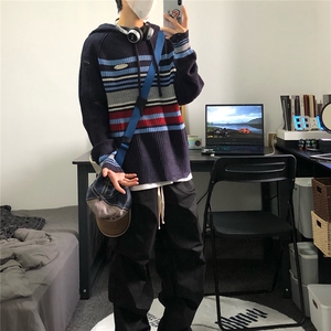 【有货】DU10-P58松弛感设计条纹撞色连帽针织衫秋冬男女百搭毛衣图片