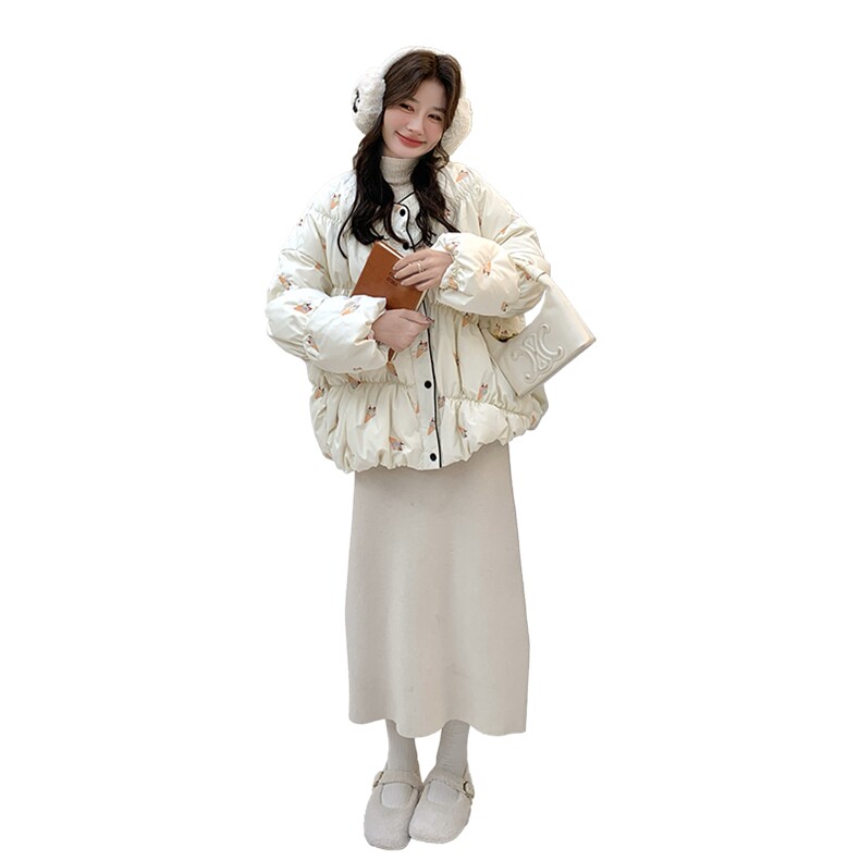 时尚圆领羽绒服女冬2025新款冰淇淋刺绣图案超火巨好看白鸭绒外套,女装羽绒服,琦鑫阁（原依鑫阁）