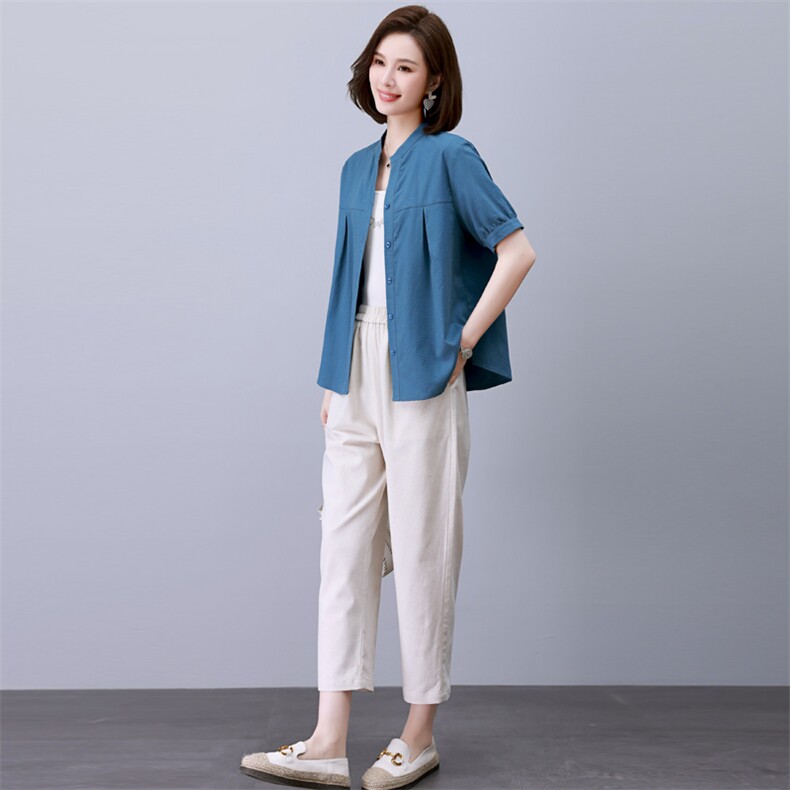 时尚休闲棉麻两件套女夏新款宽松显瘦短袖上衣阔腿裤套装,女装套装/套裙,依恋蒂丝