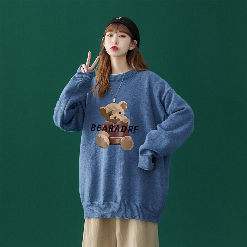 中性22秋冬新款设计感小熊印花圆领套头情侣毛衣M806P55加绒65K78,男装针织衫/毛衣,A247A