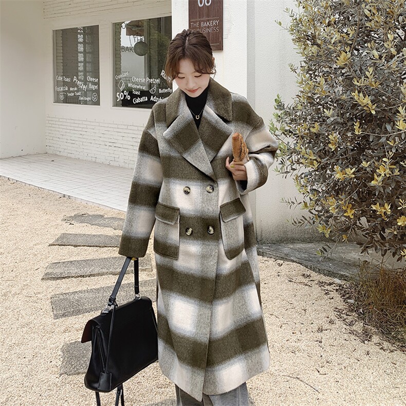 通勤复古格纹双排扣毛呢外套女秋冬超火好看高级小众加厚呢子大衣，女装毛呢外套，浙宝276（原081）