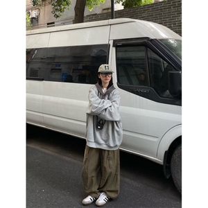 W9584-P48 网图现货 日系复古小众华夫格连帽卫衣宽松套头上衣图片