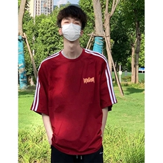 抖音得物高品质二开240克宽松纯棉美式潮牌三条杠织带短袖T恤，男装T恤，电商A486-1