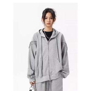 W9304-P60网图现货新款美式高级感宽松慵懒风连帽灰色卫衣开衫