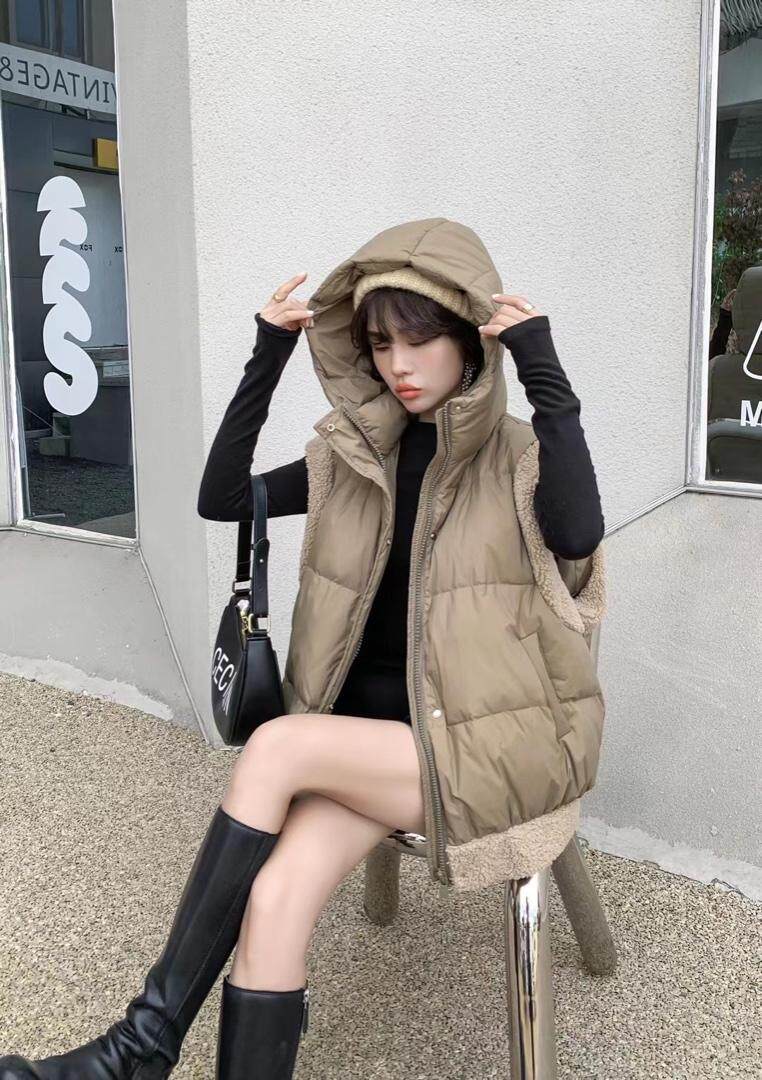 爱美欧，现货，羊羔毛拼接羽绒马甲，女装马甲，爱美欧