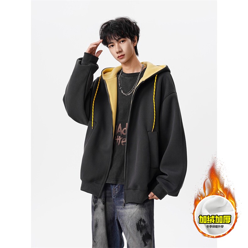 480G重磅加绒硬挺boxy男女秋冬美式高街双层撞色连帽卫衣开衫外套，女装短外套，电商A486