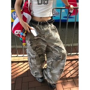 NECOYEP美式复古灰迷彩工装裤男女宽松显瘦多口袋百搭阔腿休闲裤图片