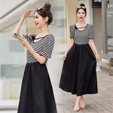 2024夏季新款法式茶歇拼接立体花朵条纹连衣裙女夏季赫本风收腰，女装连衣裙，悠米