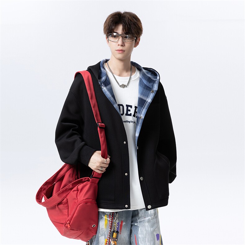 420克重磅日系纯色格纹开衫男女休闲连帽卫衣外套W4687-特价P65，男装卫衣，电商A007